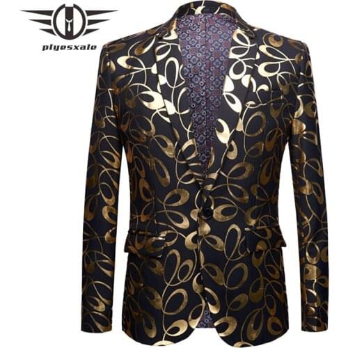 Plyesxale Brand Men Black And Gold Blazer Slim Fit Mens Floral Blazers Jacket 4-5XL Plus Size Male Stage Prom Party Costume Q479