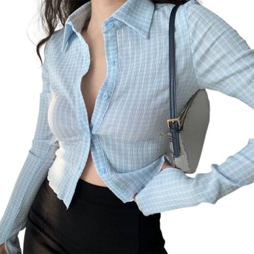 Retro Style Shirt Lapel Slim Vintage Women Plaid Long Sleeve Top for Dating Office Streetwear Tops