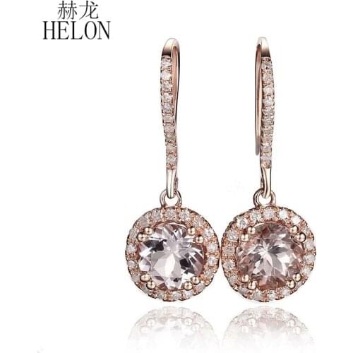 HELON Noble Solid 10K Rose Gold Pave Prong Setting 6mm Round Cut 1.6ct Morganite & 0.3ct Natural Diamonds Earrings Fine Jewelry
