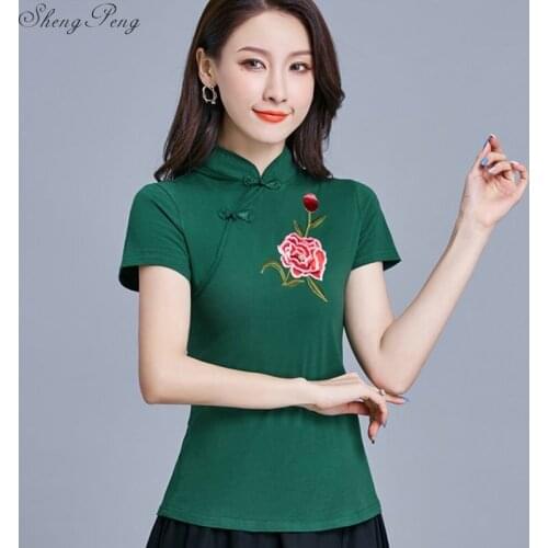 Cheongsam Shirt Traditional Chinese Clothing Girls Embroidered Top Chinese Style Linen Top Mandarin Collar Shirt Q706
