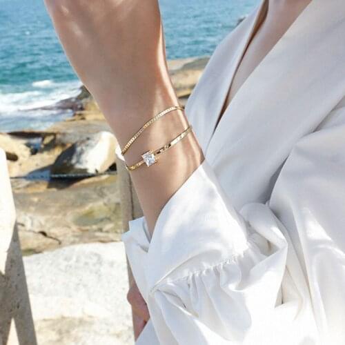 Silvology 925 Sterling Silver Double Layer Bracelets 4A Square Zircon Asymmetry Chain Elegant Female Bracelets Leisure Jewelry