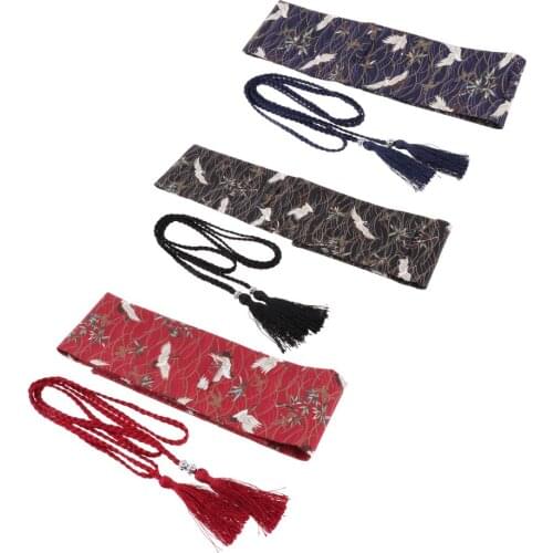 Red-Crowned Crane Pattern Wide Corset Band Lace Up Waistband Vintage Fabric