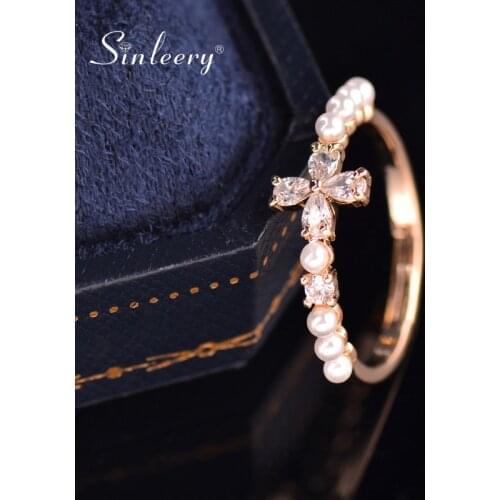 SINLEERY Chic Crystal Flower Wedding Rings Yellow Gold Silver Color Pearl Resizable Engagement Rings For Women Jewelry JZ647 SSA