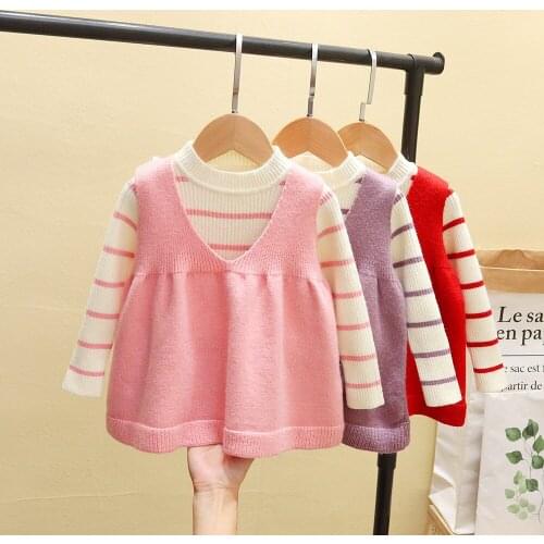 Baby sweater toddler girl fall clothes 2020 baby girl winter clothes knitted sweater striped top+sweater dress suit kids clothes