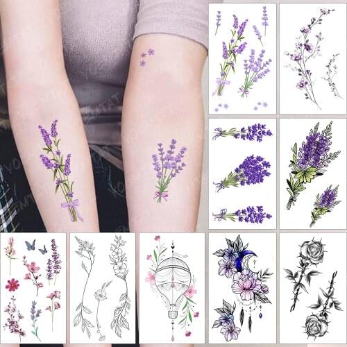 Waterproof Temporary Tattoo Sticker Watercolor Romantic Lavender Flowers Flash Tatoo Arm Wrist Fake Tatto For Body Art Women Men
