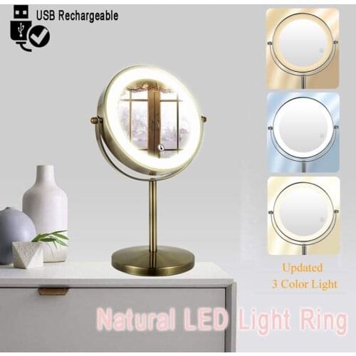 Double Sided Vanity Mirror with Light, 10X Magnifying LED Makeup Mirror, Touch Dimmer, Tabletop Mirror, USB Rechargeable