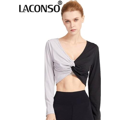 LACONSO Womens Yoga T-Shirts Fitness Top Long Sleeve Double-Sided Clothing Knotted Breathable Slim Back Sports Outdoor Workout