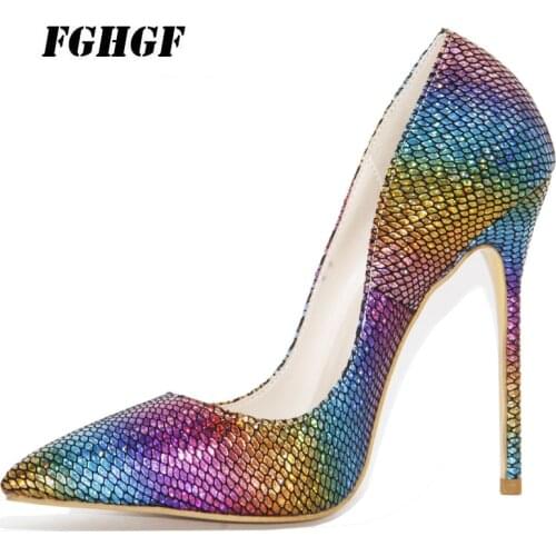 2018 fashion women pumps Fashionable 7 colourful snake grain high - heeled shoes womens shoes 12cm high heels The banquet