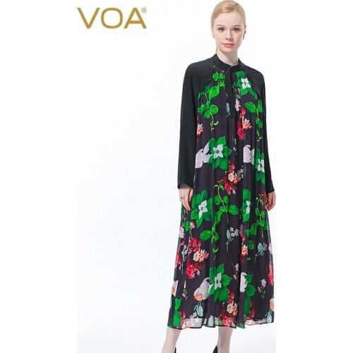 VOA Silk Georgette Floral Dress Collar Metal Ring Buckle Long Sleeve Double Layer Loose Refreshing Dresses for Women 2021 AE959