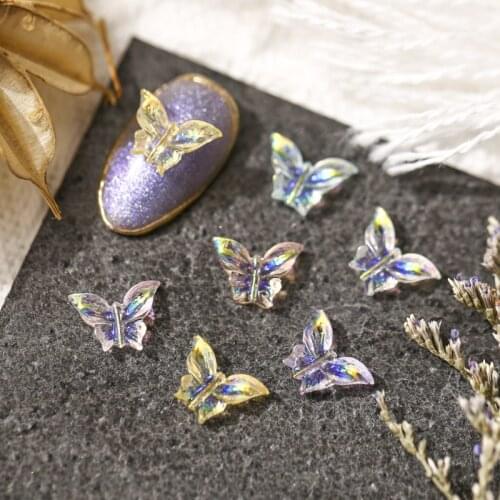 50Pcs Nail Gummy Butterfly 3D Charms 7x10mm Aurora AB Colors Butterfly Resin Stones Gel Polish Rhinestones For Manicure UV Gel