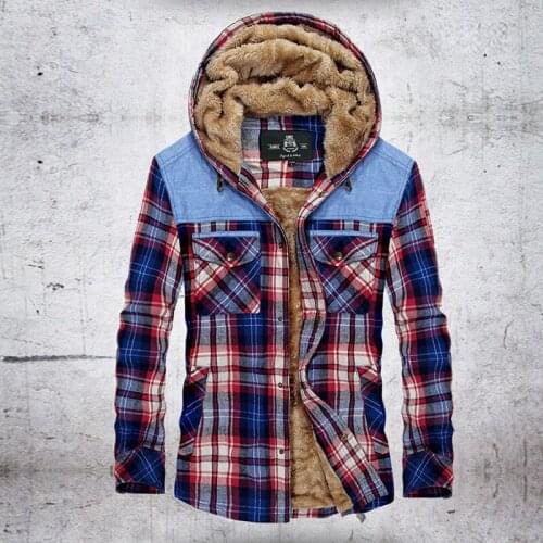 Winter Jacket Men Fleece Warm Jacket Shirts Coat Pure Cotton Plaid Hooded Jackets Coats Single Breasted chaquetas hombre M-XXXL