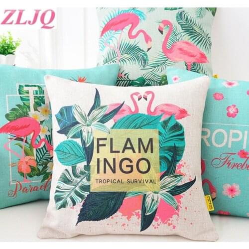 ZLJQ Summer Flower Birds Cushion Cover Palm Leaf Flamingo Cactus Soft Pillow Cases Pillow Covers Bedroom Sofa Home Navidad Decor