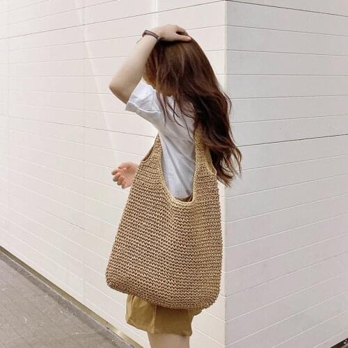 2021 Summer Splice Straw Women Shoulder Bags Striped Hand-woven Women Handbags Large Paper Rope Woven Ladies Shoulder Bags