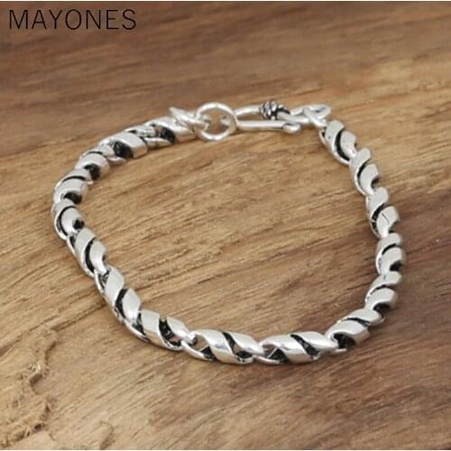 4mm width Real 925 Sterling Silver Twist Bamboo Festival Bracelet for Men Women Retro Thai Silver Men Bracelet Bangle