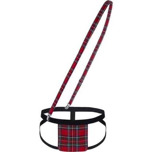 Men Low Rise Sexy Lingerie Open Back Bulge Pouch Plaid Panties Erotic Jockstrap Bikini Brief G-string Underwear + Suspender Belt