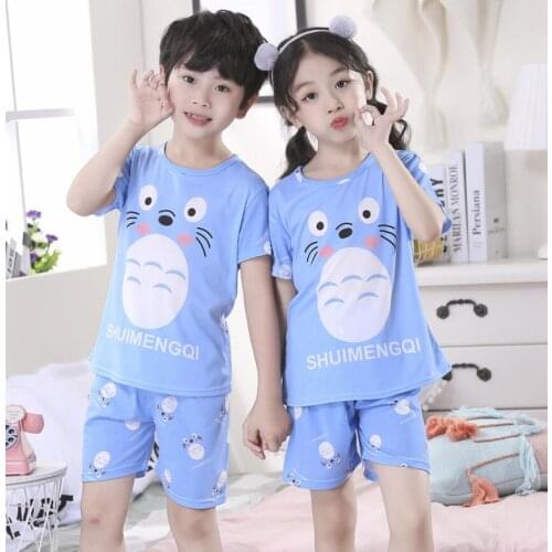 Blue Big Girls Clothing Sleeping Pajamas Set Short Sleeve Cotton Home Suit For Boys Cute Cartoon Underwear age 2 to 14 Y Wear