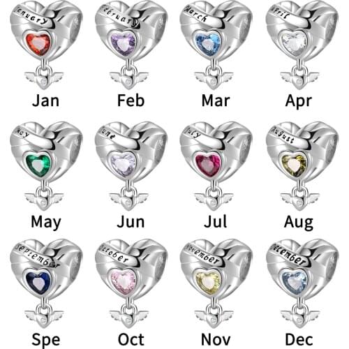 Silver Birthstone Charms Beads January to December CZ Charms Dangle Angel Wings Fit Original Designer Bracelets Birthday Jewelry