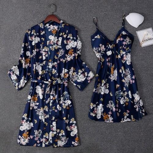 Lace Trim Sleepwear Women 2PCS Robe Set Satin FEMALE Sexy Print Flower Kimono Bathrobe Gown Intimate Lingerie Summer Nightwear