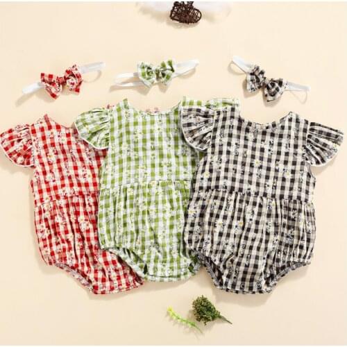 Summer Baby Girls Daisy Print Bodysuits Clothes Flying Sleeve O-neck Ruffles Jumpsuit Bow-knot Headband Baby Bodysuits