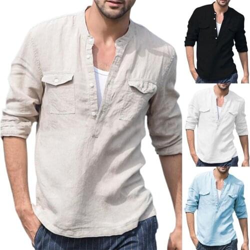 50% Hot Sales Long Sleeve Stand Collar Solid Color V Neck Pockets Pullover Men Beach Shirt for Vacation