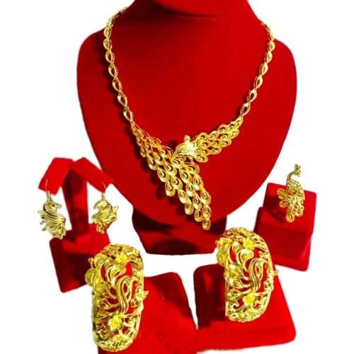 Yulaili Chinese Style Design Gold-color Phoenix Shape Gift Jewelry Sets Necklace Bracelet Earrings Ring Window Jewelry Display