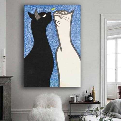 Wall Art Decoration Black White Cats Butterfly Kiss Cartoon Picture For Living Room Kids Room Print On Canvas Poster Room Decor