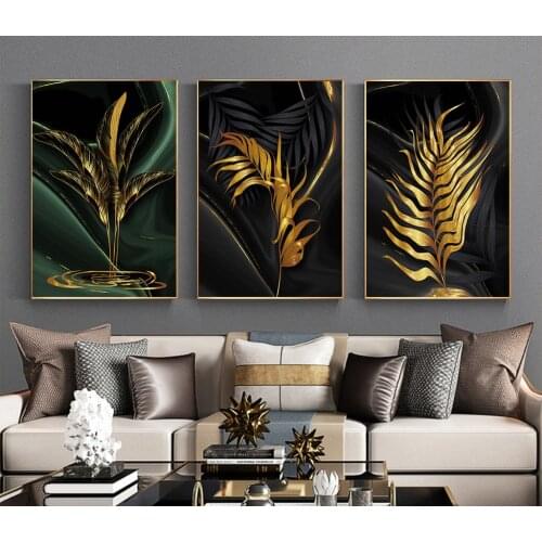 Canvas Printed Wall Art Poster Gold Green Leaf Painting Modern Home Decor Modular Beautiful Pictures No Frame For Living Room