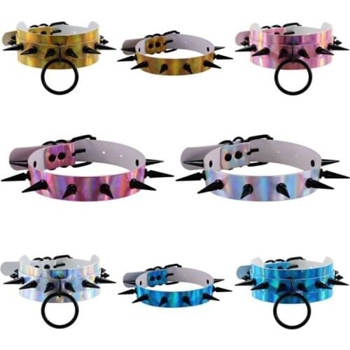 Punk Black Spilke Round PU Leather Choker Necklace For Women Hip Hop Goth Laser Light Color Necklaces Jewelry Gothic Accessories