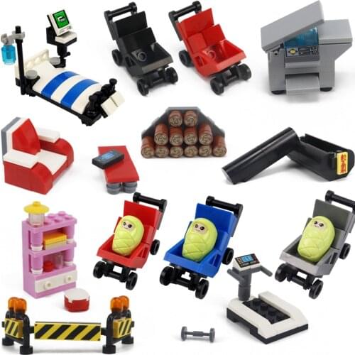 City Building Blocks Baby Carriage Bookshelf Sickbed Treadmill Woodpile Printer Sofa Guitar Computer MOC Toys For Children Citys