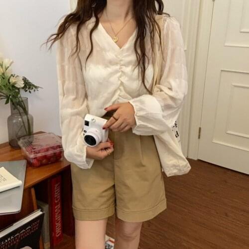 2021new fashion V-Neck Puff Sleeve Tops High Waist Mujer Sexy Autumn High Street Loose Pure Color Women Elegant Slim top