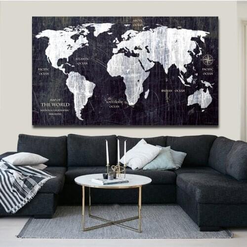 Vintage HD World Map Canvas Painting Posters and Prints Wall Art Pictures for Living Room Black Map Decorative Art Home Decor