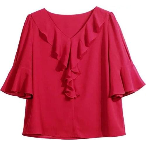 New summer women ruffles v-neck solid chiffon blouse female basic Flare sleeve shirt casual office Lady tops plus size m-8xl