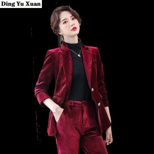 Velvet Pants Suits Women 2021 High Quality Green Red Womens Business Suit Blazer with Pants Two Piece Sets Trousers Suit Woman