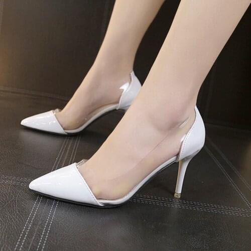 2021 Latest Fashion Women THIN High Heels Luxury Brand Exclusive Leather and PVC Pointed Toe Pumps Dress Shoes 8CM Size 34-39