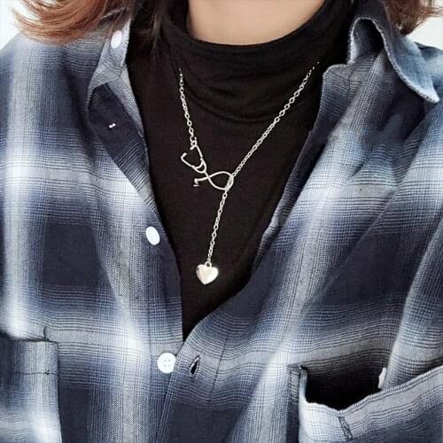 New Fashion Silver Color Chain Doctor Stethoscope Pendant Necklace for Women Simple Alloy Heart Pendant Sweater Chain Necklace
