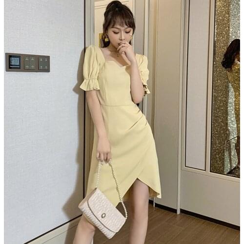 Fashion Korean Vintage Square Collar Midi Party Dress Ladies Elegant Casual Puff Sleeve Ruffle Folds Sweet Asymmetrical Dress