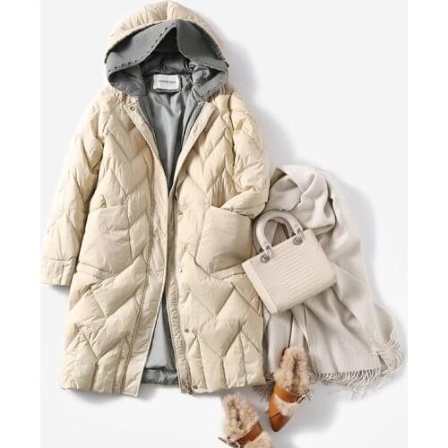 Winter 90% White Duck Down Long Coat Knitting Splicing Hooded Warm Jacket Solid Color Puffer Coat Casual Loose Outwear