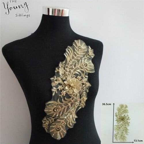 Gold New arrive Sequin 3D Flower Embroidery Neckline Lace Applique Lace Collar Trim Clothing Fabric Material DIY Lace Accessory