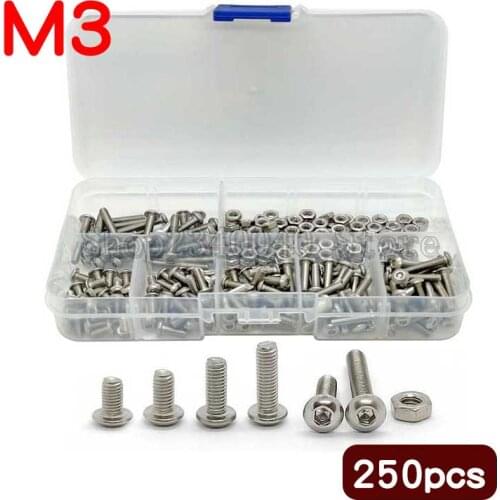 250pcs ISO7380 M3*6/8/10/12/16 Hex Button Head screw set 304 Stainless Steel Hex Socket Screws Bolt With Hex Nuts Assortment Kit