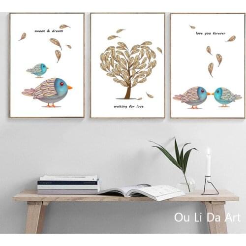 No frame 3pcs cartoon lover birds tree scenery canvas printings oil painting printed on canvas home wall art decoration picture