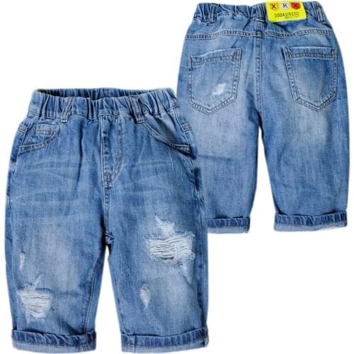 4112 summer boys Calf-length light blue kids soft denim jeans pants 70% length children boys shorts hole cool
