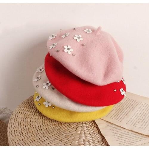 2021 Kids Girls Fashion Winter Warm Beret Hats with Flower Ribbon Star Wool Beret Caps for Girls School Casual Wear
