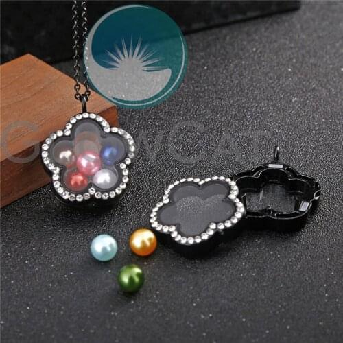 Black Petal Flower Glass Living Memory Photo Floating Rhinestone Lockets Pendant Necklace Steel Chain Necklace