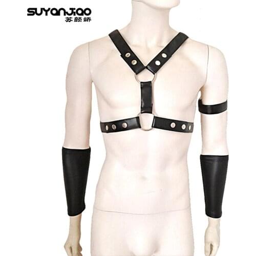 Black Faux Leather Chest Strap Belt+Armlet+Gauntlets Body Harness Set for Men Fetish Male Sex Bondage Restraint Sexy Lingerie