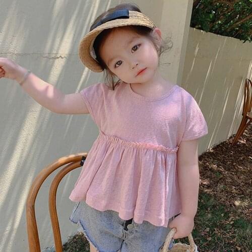 Children Girl Solid Color Short Sleeve T-shirt Ruffle Korean Top Cross Open Back Solid Thin Blouse Kids Clothes