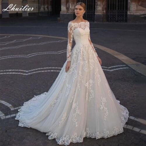 Lhuilier Elegant A-line Boat Neck Lace Appliques Wedding Dresses 2020 Floor Length Long Sleeves Court Train Tulle Bridal Dress