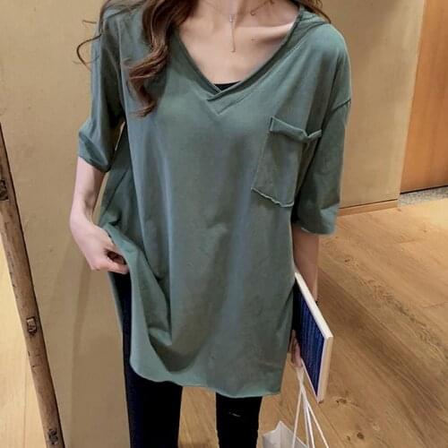 Womens T-shirt Korean V-neck Short-sleeved T-shirt Loose Large Size Medium Long Bottoming Shirts Woman Tshirts 2021 Summer New