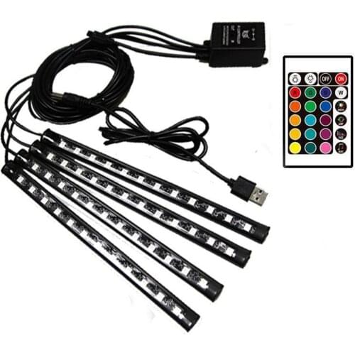 Car Interior LED RGB Light 4 Strip 16 Colors Car Decorative Lamp with Remote Controller Music Activated Footwell Strip Light