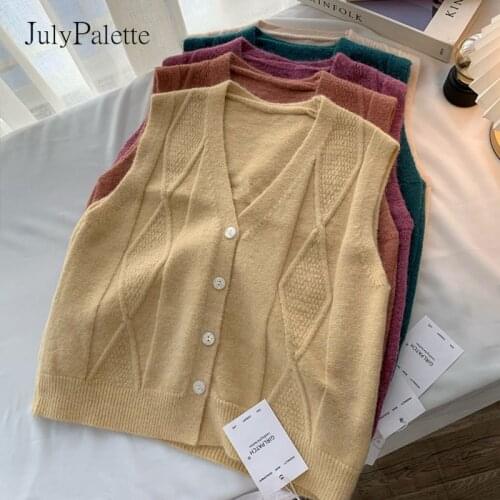 JulyPalette 2021 Autumn Winter Knitting Vest Casual V-neck Korean Loose Sleeveless Button Knitted Cardigan Solid Sweater Vest