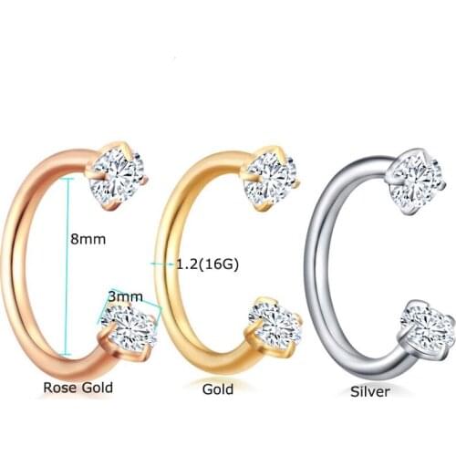 16G Horseshoe Ring Zircon Internal Thread Tragus Nose Ring Piercing